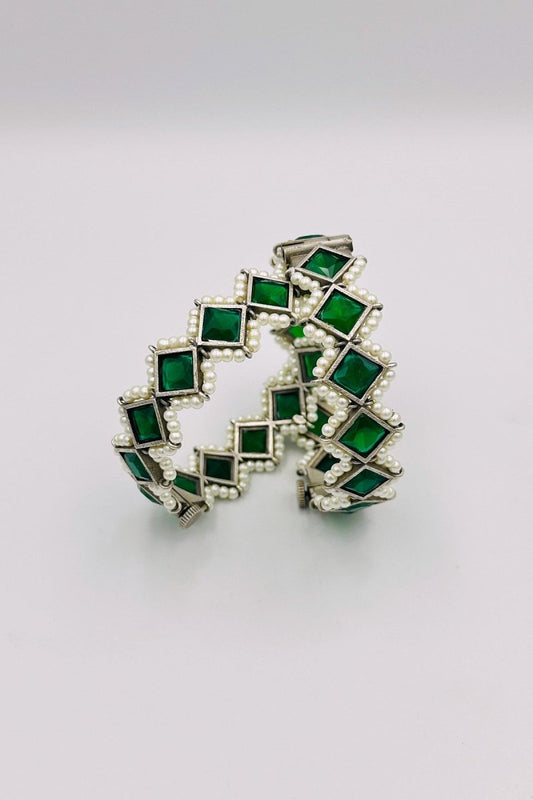 Silver Bangles with Radiant Green Marquise Stones and Pearls - swadeshsouq.com