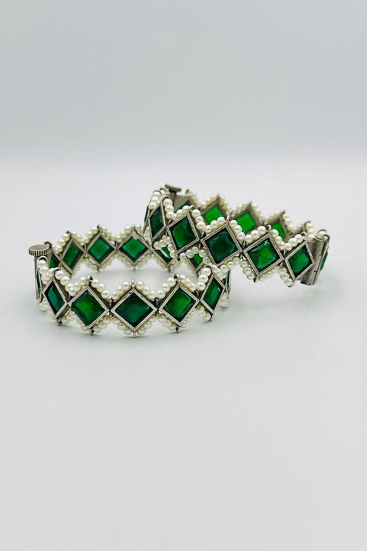 Silver Bangles with Radiant Green Marquise Stones and Pearls - swadeshsouq.com