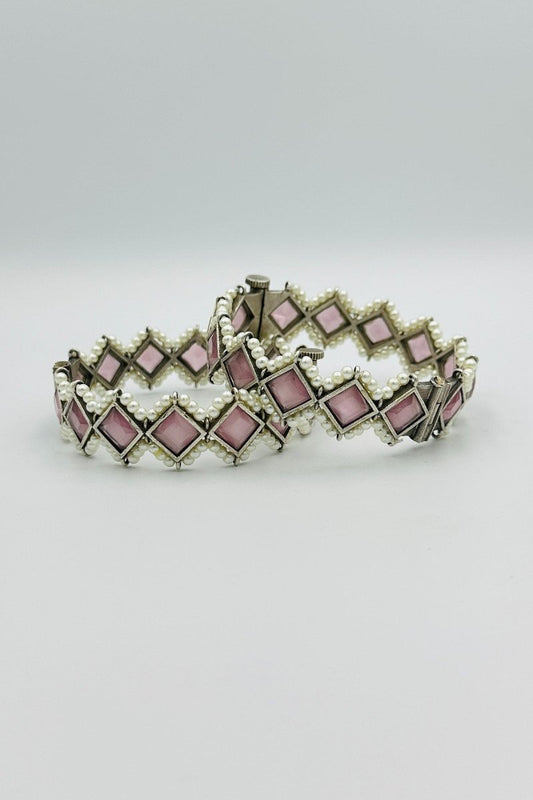 Silver Bangles with Radiant Pink Marquise Stones and Pearls - swadeshsouq.com