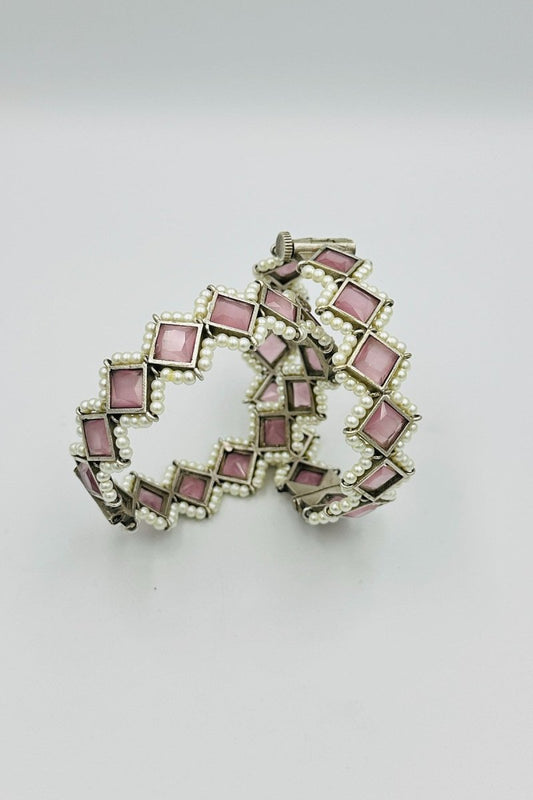 Silver Bangles with Radiant Pink Marquise Stones and Pearls - swadeshsouq.com