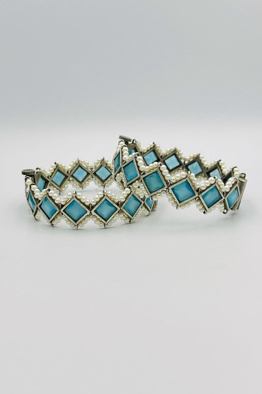 Silver Bangles with Radiant Sky Blue Marquise Stones and Pearls - swadeshsouq.com