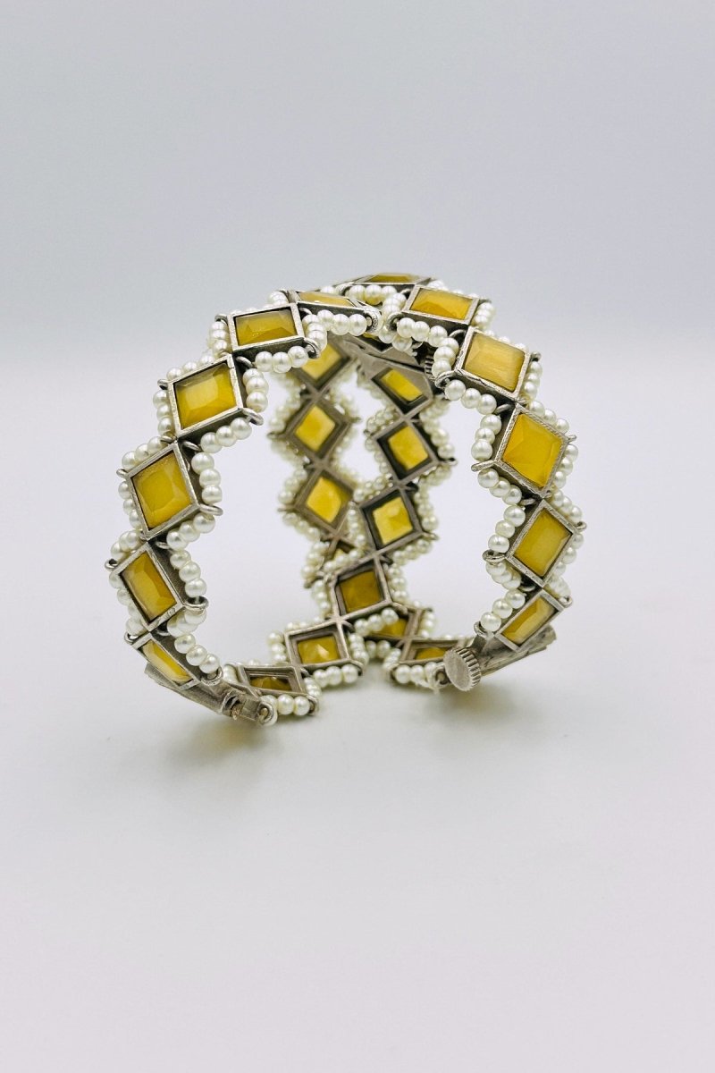 Silver Bangles with Radiant Yellow Marquise Stones and Pearls - swadeshsouq.com