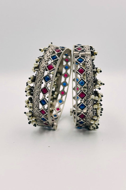 Silver Bangles with Red and Blue Crystal Stones and Pearls - swadeshsouq.com