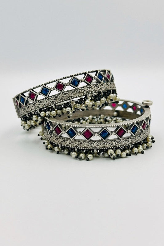 Silver Bangles with Red and Blue Crystal Stones and Pearls - swadeshsouq.com