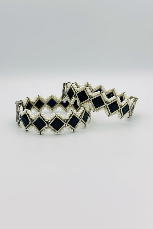 Silver Bangles with Striking Black Marquise Stones and Pearls - swadeshsouq.com