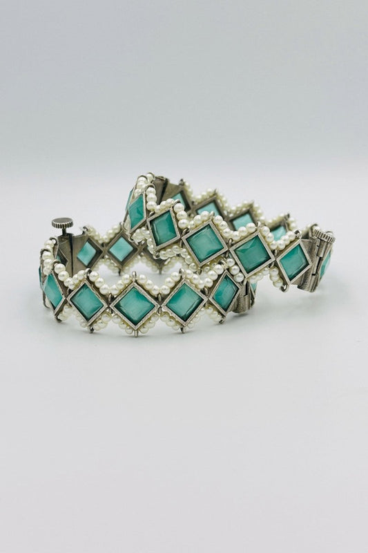 Silver Bangles with Turquoise Blue Marquise Stones and Pearls - swadeshsouq.com