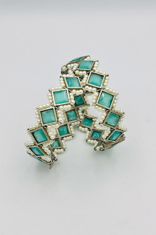 Silver Bangles with Turquoise Blue Marquise Stones and Pearls - swadeshsouq.com