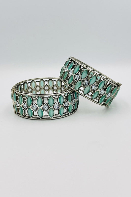 Silver Bangles with Turquoise Blue Teardrop Stones and Diamond Accents - swadeshsouq.com