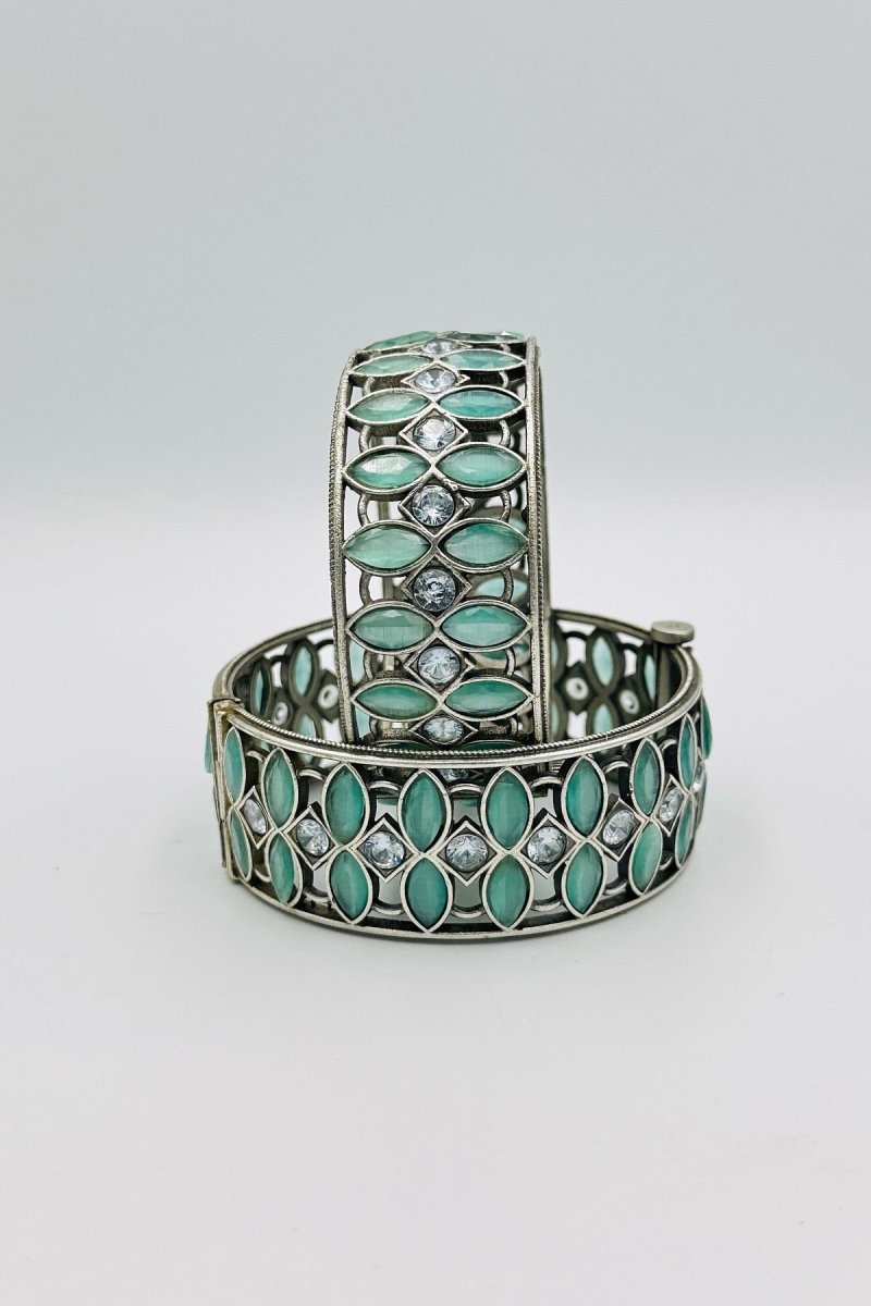 Silver Bangles with Turquoise Blue Teardrop Stones and Diamond Accents - swadeshsouq.com