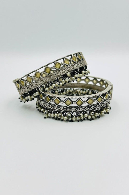 Silver Bangles with Yellow Crystal Stones and Pearls - swadeshsouq.com