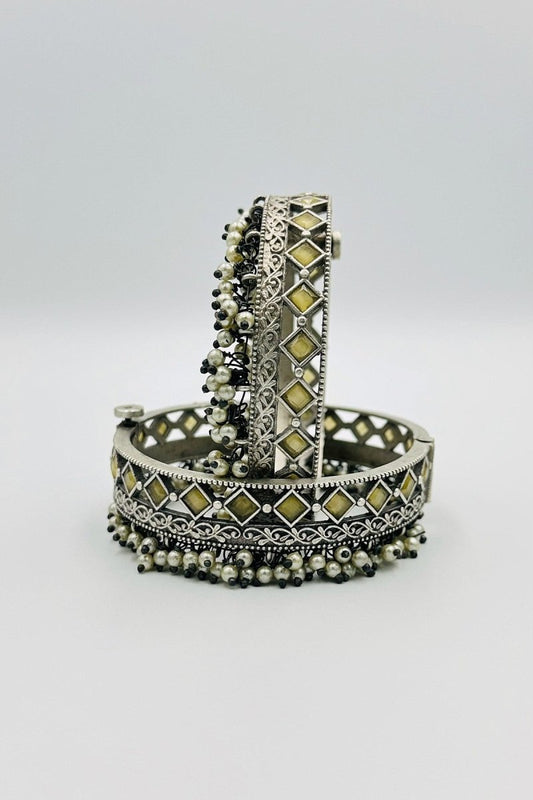 Silver Bangles with Yellow Crystal Stones and Pearls - swadeshsouq.com