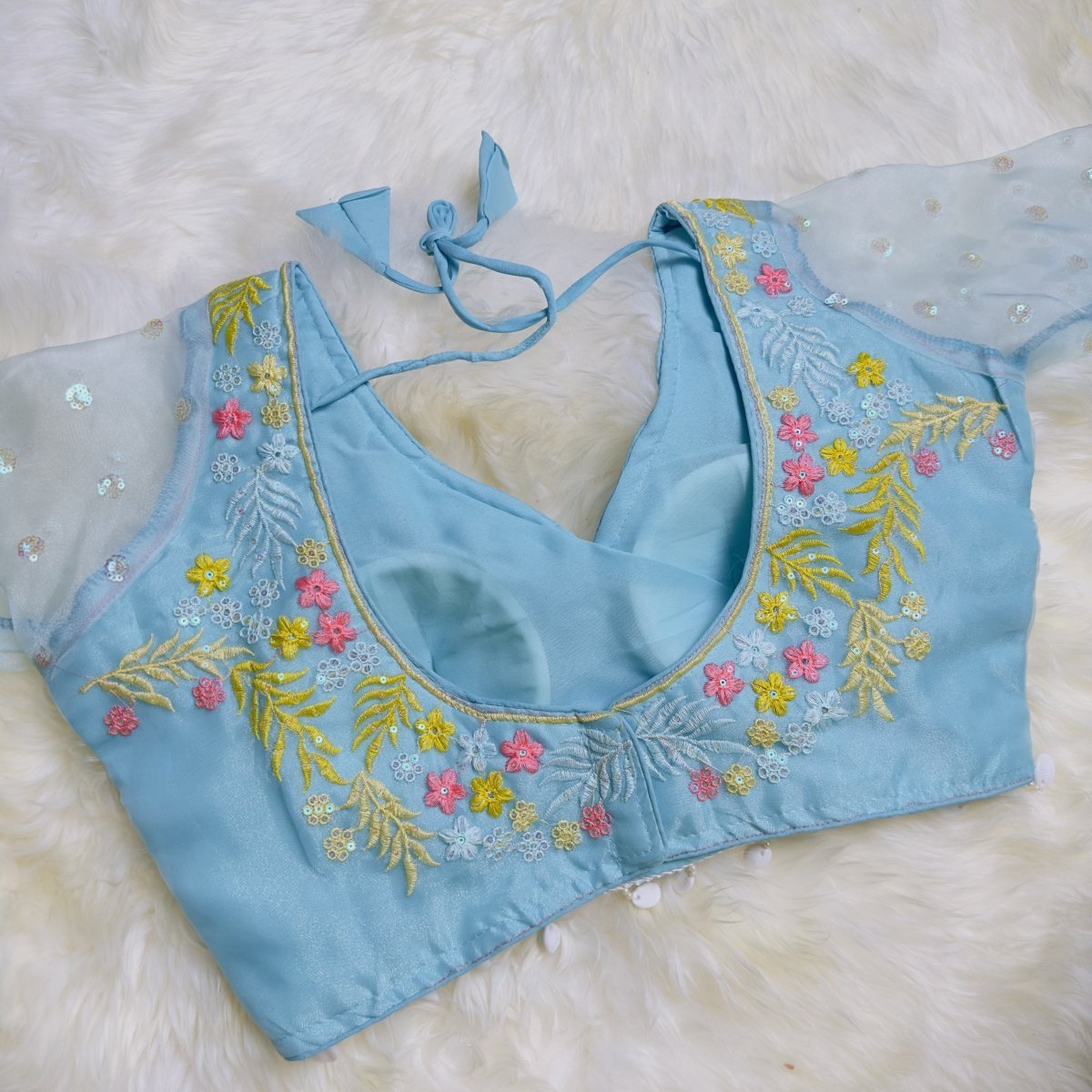 Sky Blue Floral Organza Blouse with Elegant Shell Tassels - swadeshsouq.com