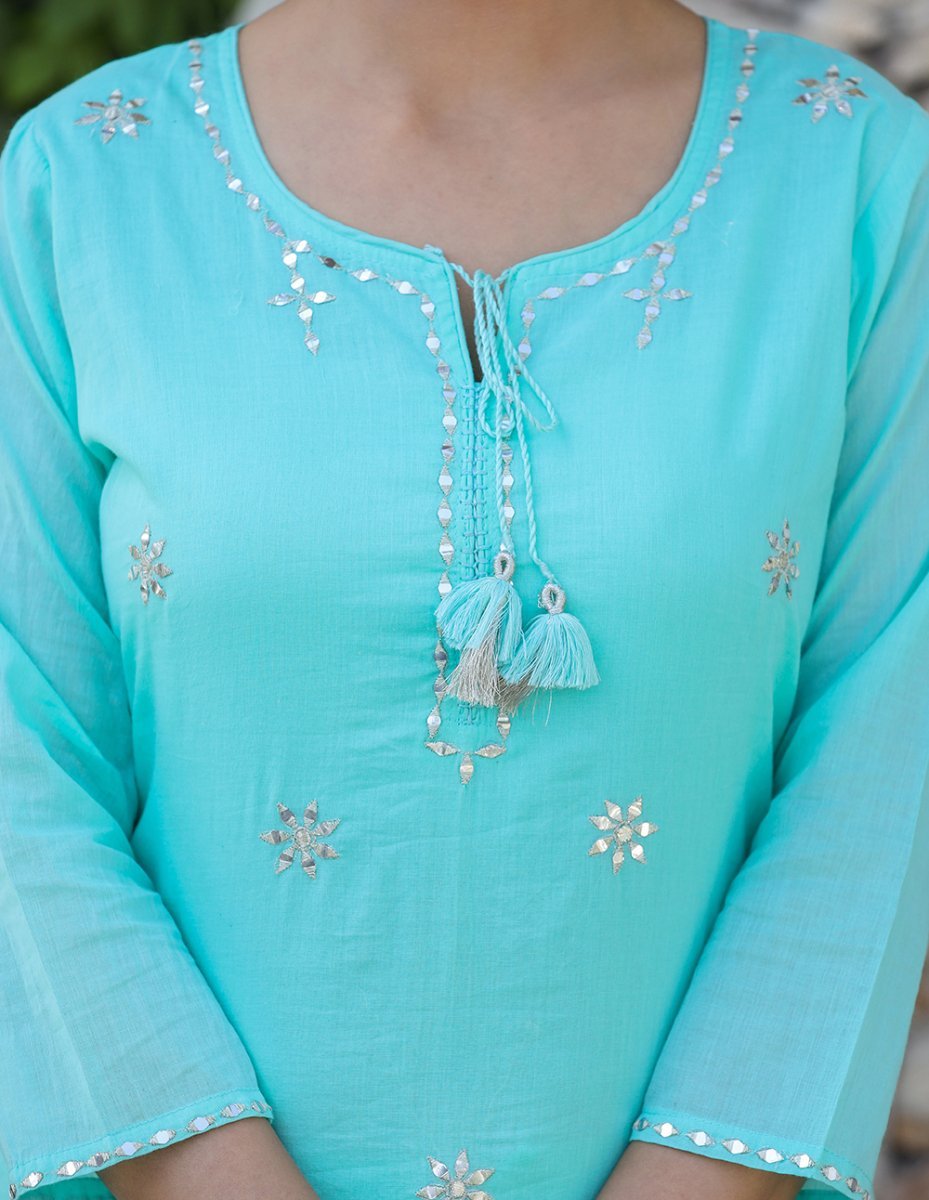 Sky Blue Serenity Mirror Embellished Cotton Suit Set - swadeshsouq.com