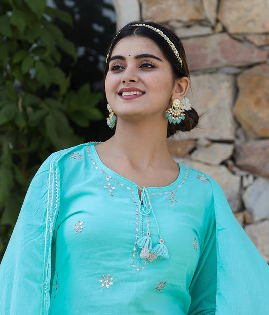 Sky Blue Serenity Mirror Embellished Cotton Suit Set - swadeshsouq.com