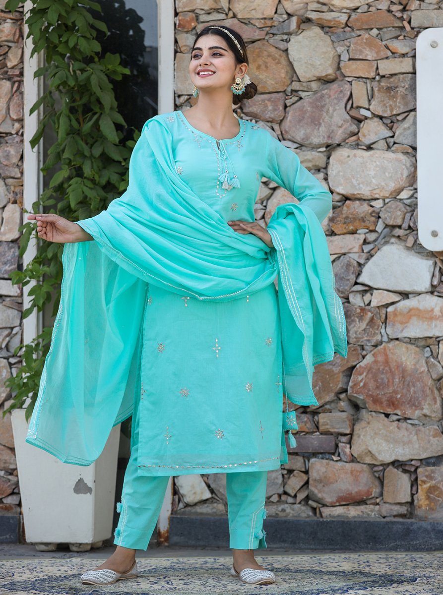 Sky Blue Serenity Mirror Embellished Cotton Suit Set - swadeshsouq.com