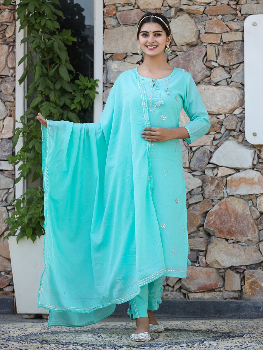 Sky Blue Serenity Mirror Embellished Cotton Suit Set - swadeshsouq.com