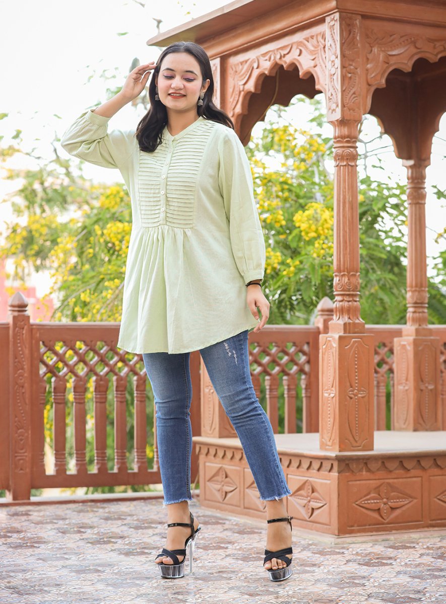 Soft Glow Pastel Green Cotton Tunic Top - swadeshsouq.com