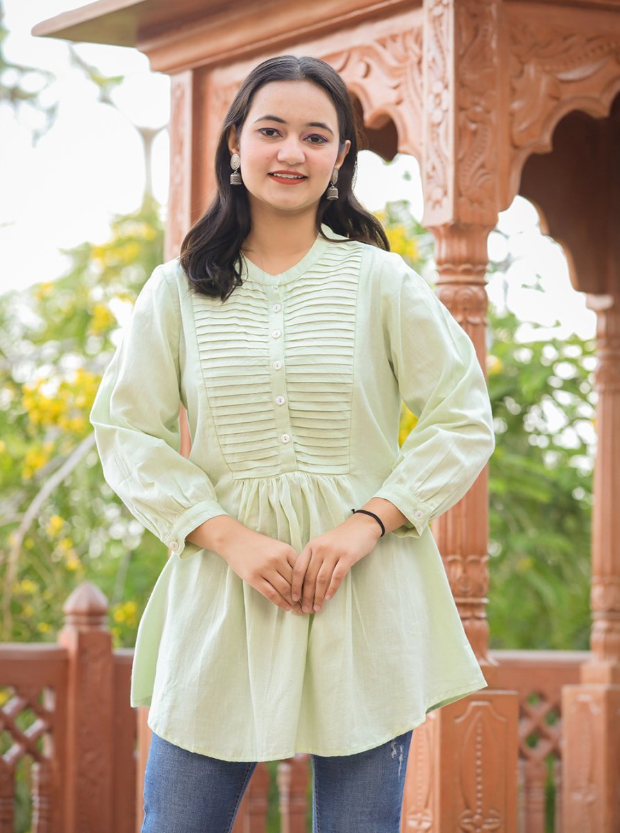 Soft Glow Pastel Green Cotton Tunic Top - swadeshsouq.com