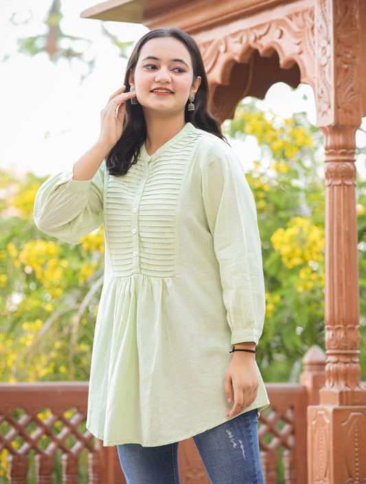 Soft Glow Pastel Green Cotton Tunic Top - swadeshsouq.com