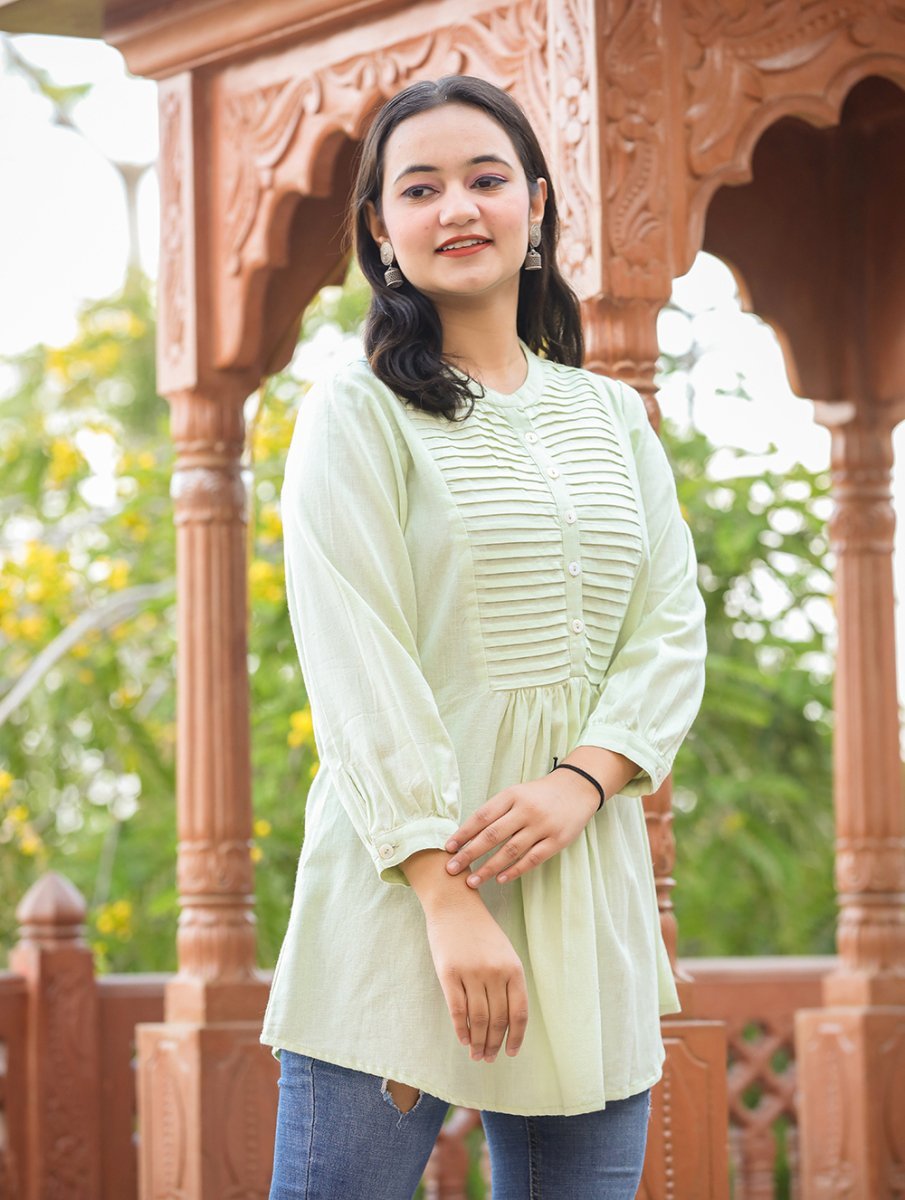 Soft Glow Pastel Green Cotton Tunic Top - swadeshsouq.com