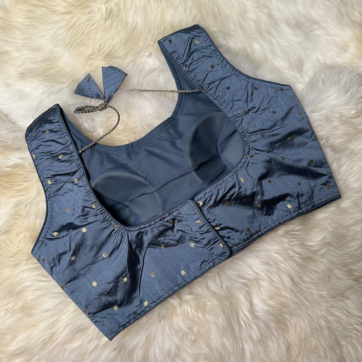 Soft Grey Silk Blouse with Delicate Golden Zari Butta – Elegant & Timeless - swadeshsouq.com