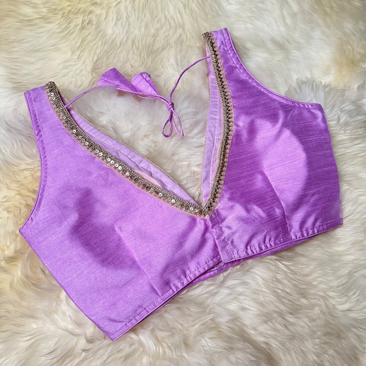 Soft Lavender Silk Blouse with Delicate Embroidery – Adjustable Fit (32 to 38) - swadeshsouq.com