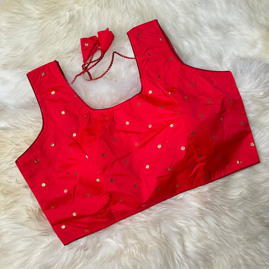 Soft Red Silk Blouse with Intricate Golden Zari Butta – Elegant & Timeless - swadeshsouq.com