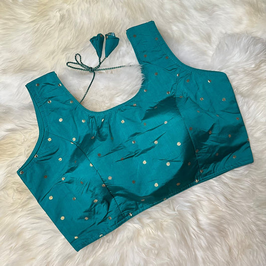 Soft Turquoise Silk Blouse with Delicate Golden Zari Butta – Elegant & Timeless - swadeshsouq.com