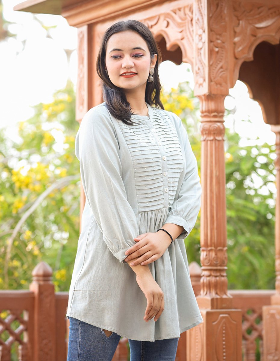 Sophisticated Grey Cotton Tunic Top with Pearl Embellishments - swadeshsouq.com