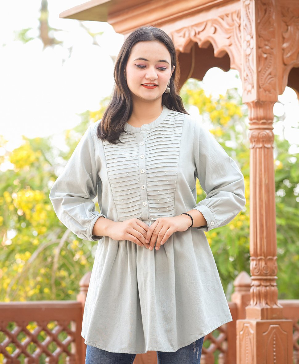 Sophisticated Grey Cotton Tunic Top with Pearl Embellishments - swadeshsouq.com