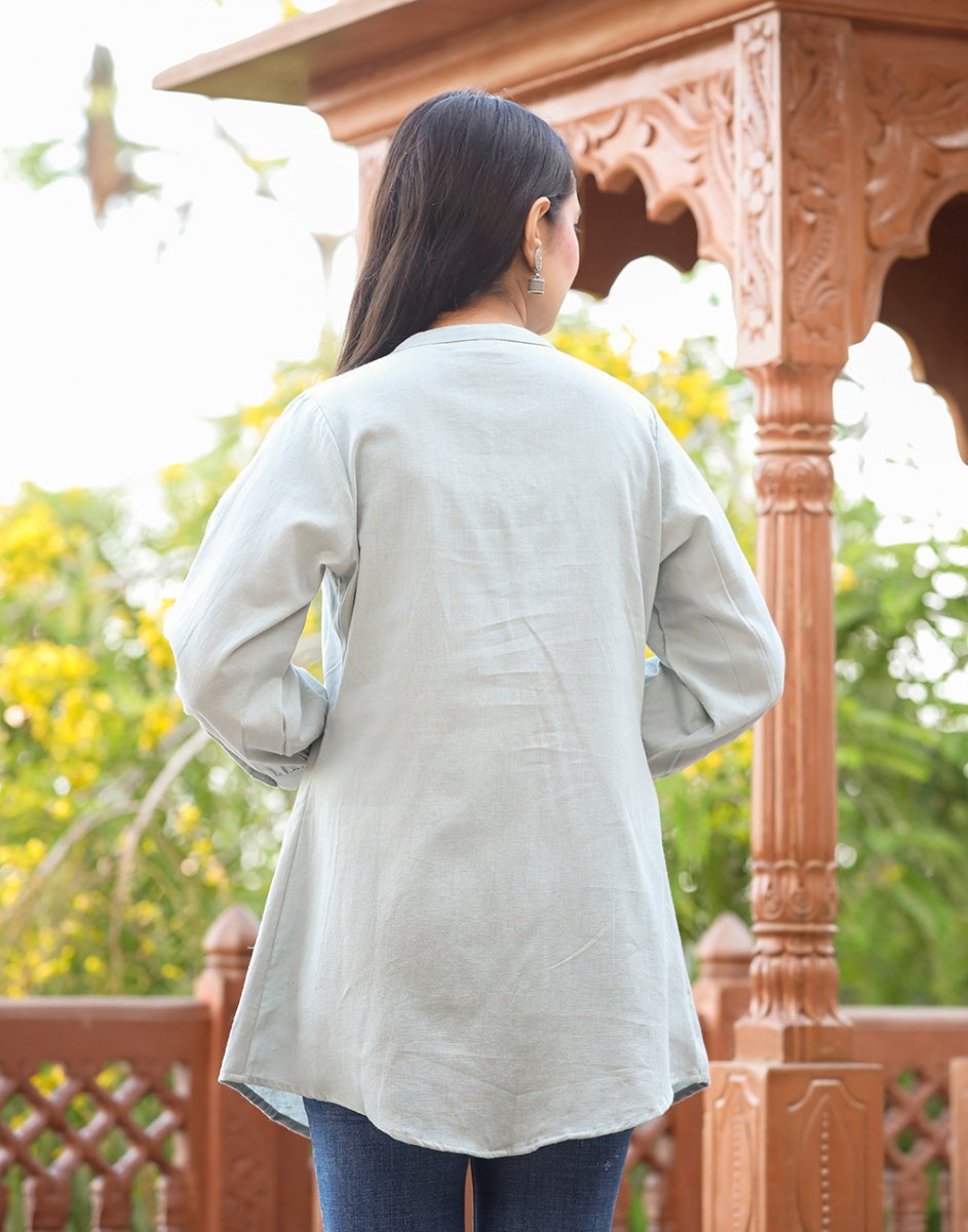 Sophisticated Grey Cotton Tunic Top with Pearl Embellishments - swadeshsouq.com