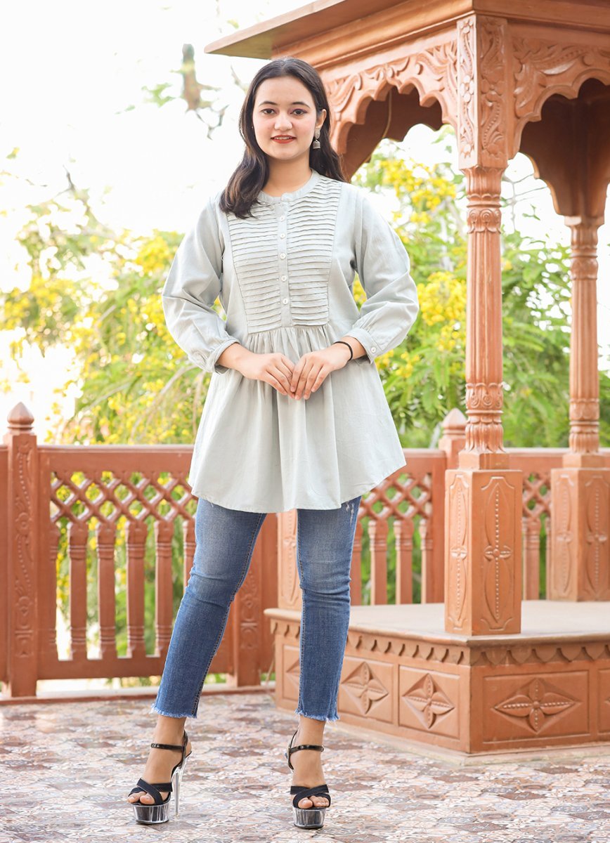 Sophisticated Grey Cotton Tunic Top with Pearl Embellishments - swadeshsouq.com