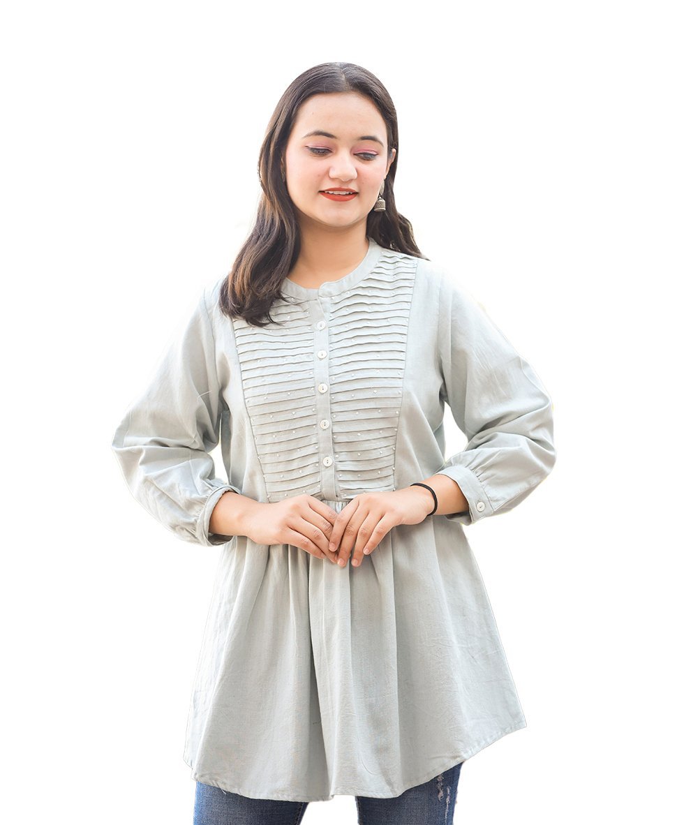 Sophisticated Grey Cotton Tunic Top with Pearl Embellishments - swadeshsouq.com