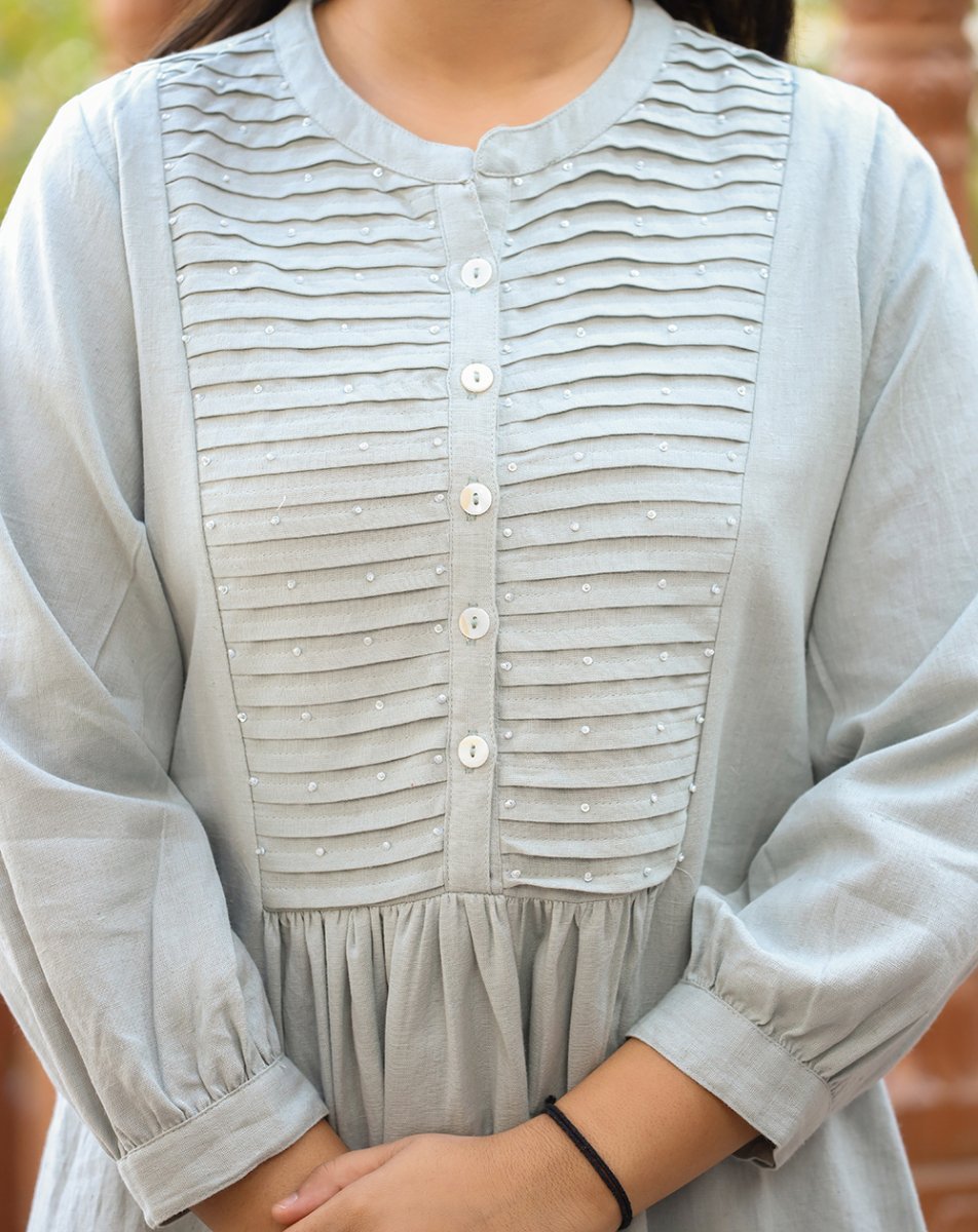 Sophisticated Grey Cotton Tunic Top with Pearl Embellishments - swadeshsouq.com