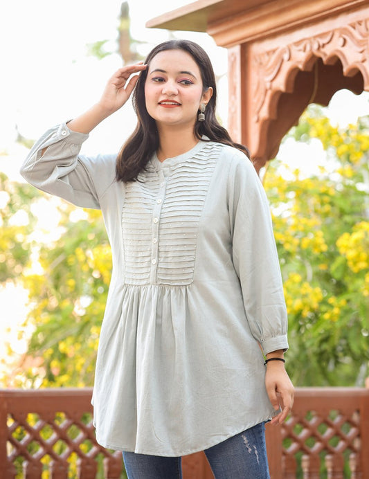 Sophisticated Grey Cotton Tunic Top with Pearl Embellishments - swadeshsouq.com