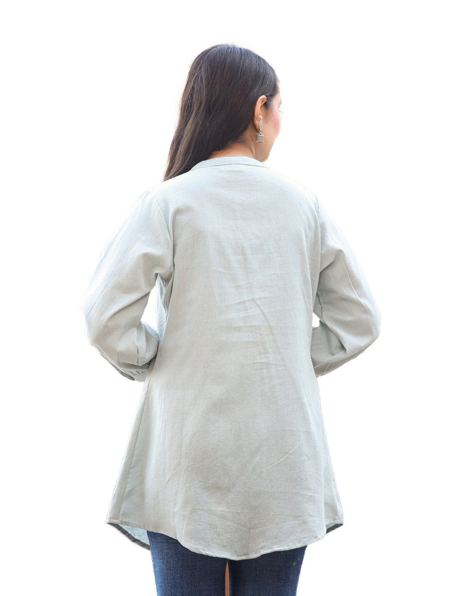 Sophisticated Grey Cotton Tunic Top with Pearl Embellishments - swadeshsouq.com