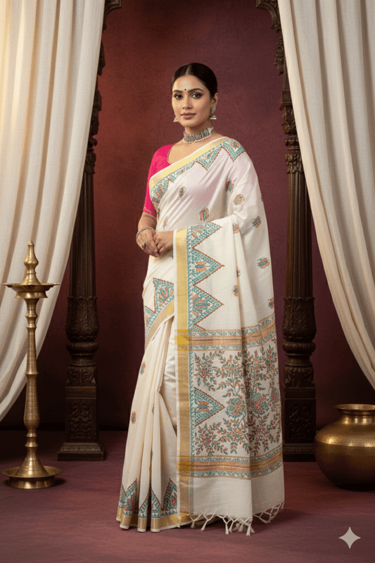 Soulful Strokes – Madhubani Hand - Painted Kerala Cotton Saree - swadeshsouq.com