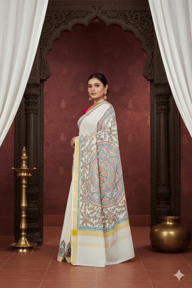 Soulful Strokes – Madhubani Hand - Painted Kerala Cotton Saree - swadeshsouq.com