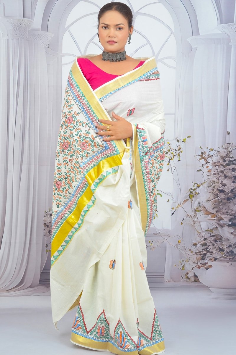 Soulful Strokes – Madhubani Hand - Painted Kerala Cotton Saree - swadeshsouq.com