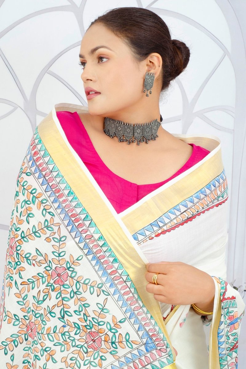 Soulful Strokes – Madhubani Hand - Painted Kerala Cotton Saree - swadeshsouq.com