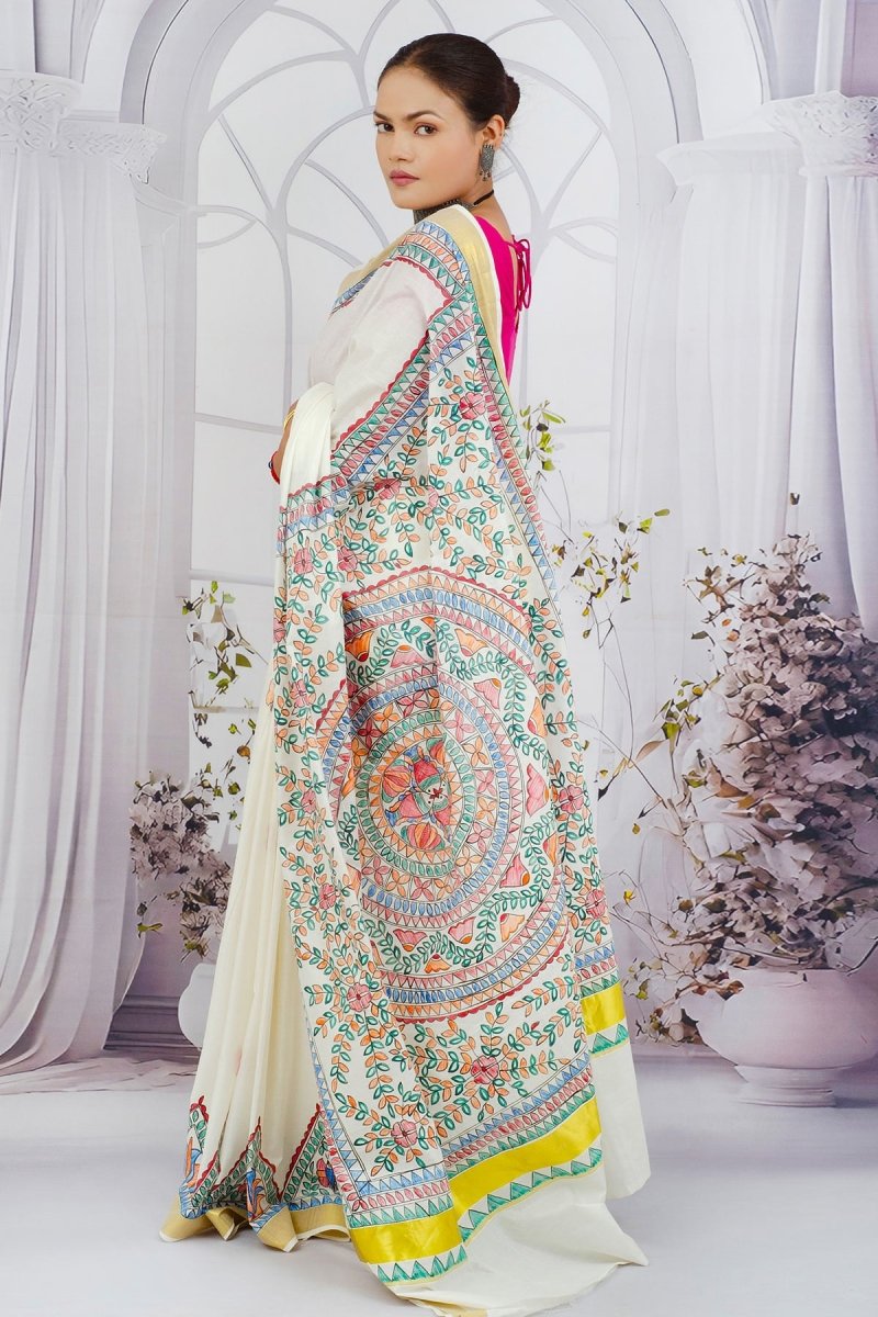 Soulful Strokes – Madhubani Hand - Painted Kerala Cotton Saree - swadeshsouq.com