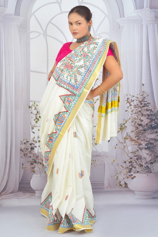 Soulful Strokes – Madhubani Hand - Painted Kerala Cotton Saree - swadeshsouq.com