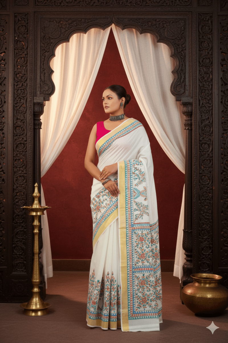 Soulful Strokes – Madhubani Hand - Painted Kerala Cotton Saree - swadeshsouq.com