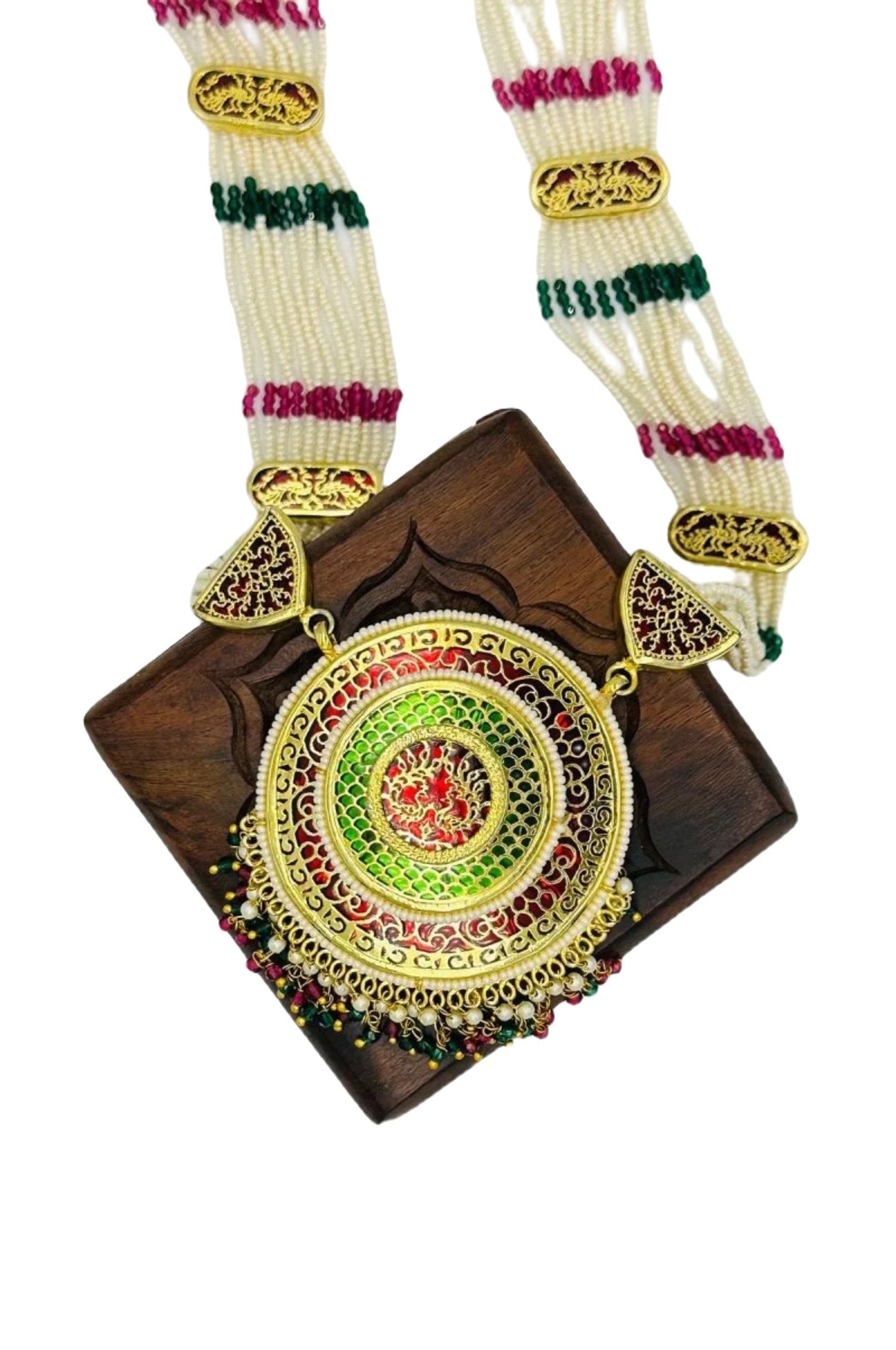 Stunning Sugar Beads Set with Ruby and Emerald Meenakari Pendant - swadeshsouq.com