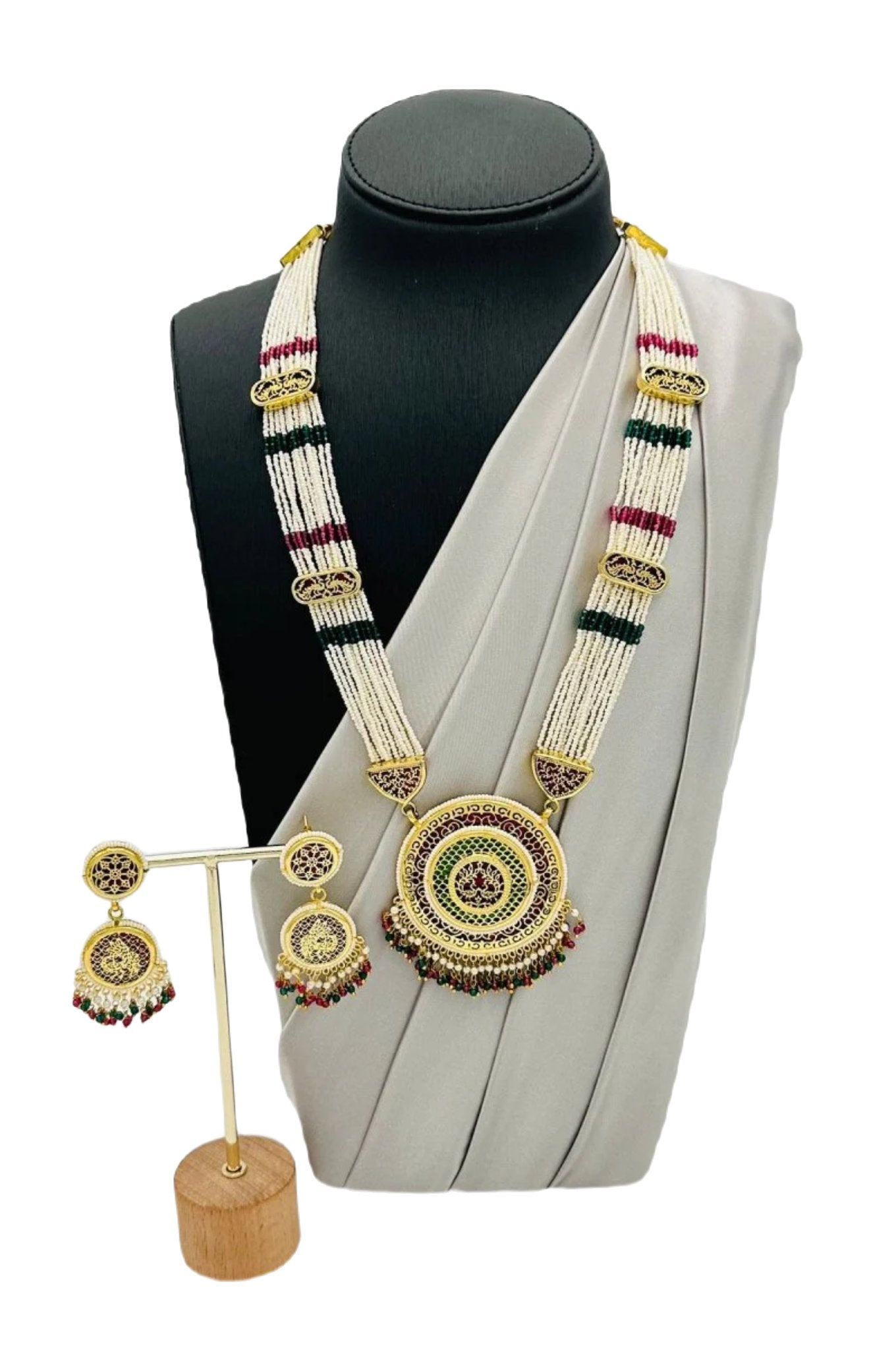 Stunning Sugar Beads Set with Ruby and Emerald Meenakari Pendant - swadeshsouq.com