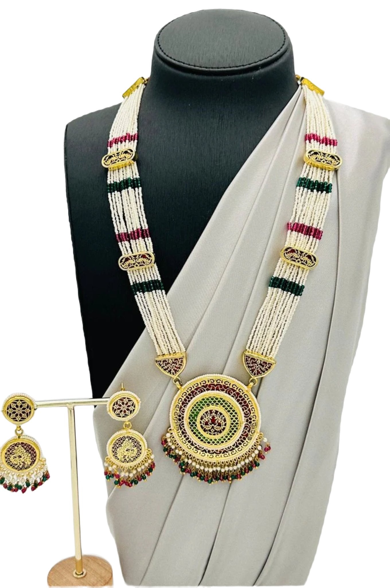 Stunning Sugar Beads Set with Ruby and Emerald Meenakari Pendant - swadeshsouq.com