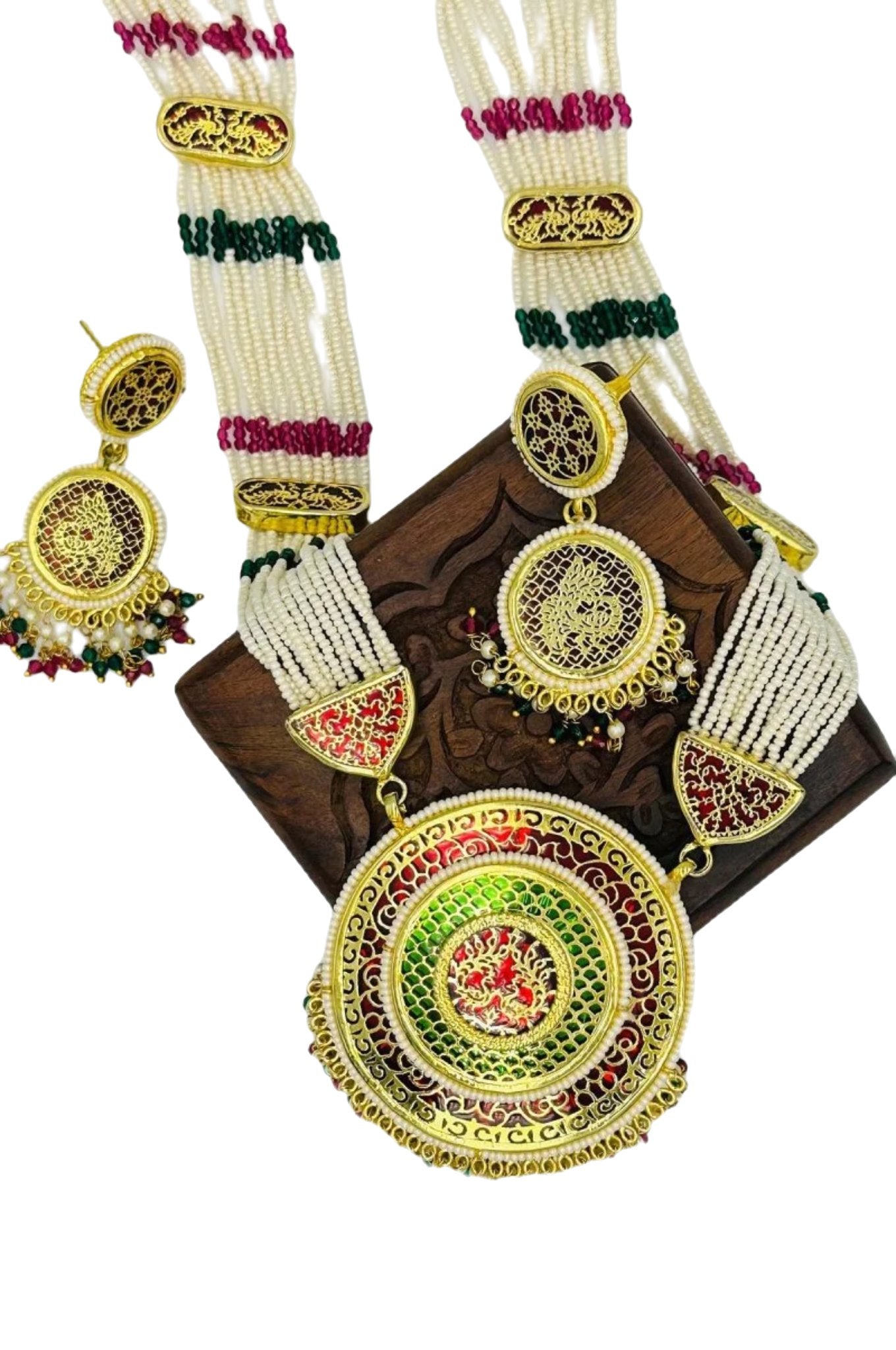 Stunning Sugar Beads Set with Ruby and Emerald Meenakari Pendant - swadeshsouq.com