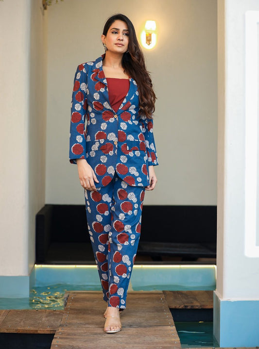 Stylish Blue Printed Three - Piece Blazer Co - Ord Set - swadeshsouq.com