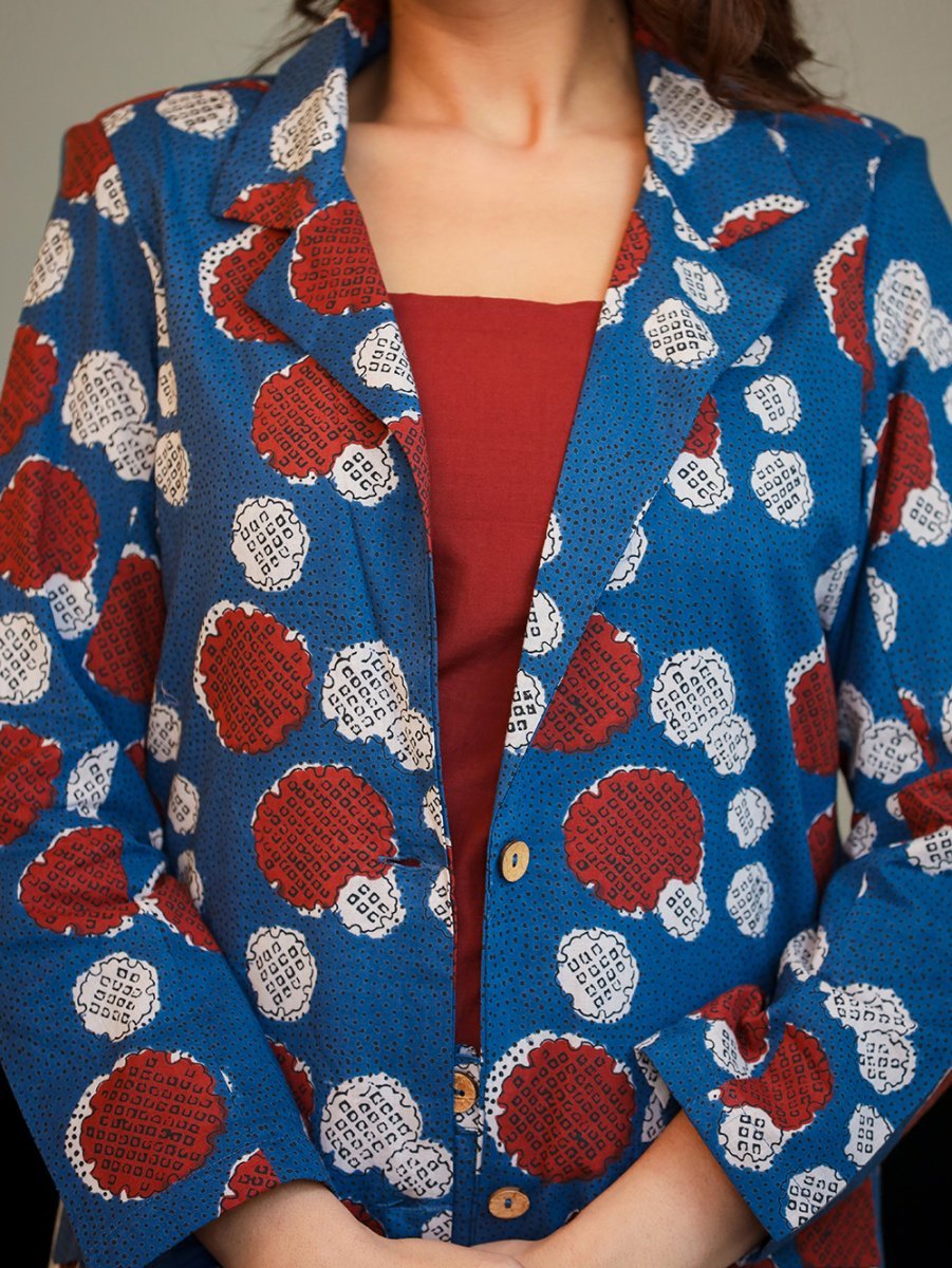 Stylish Blue Printed Three - Piece Blazer Co - Ord Set - swadeshsouq.com