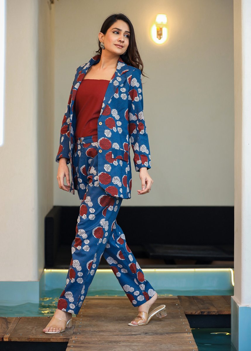 Stylish Blue Printed Three - Piece Blazer Co - Ord Set - swadeshsouq.com